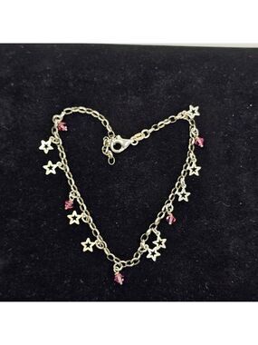 Sterling Silver Star Charm Bracelet Anklet Pink Crystal Dangle 4.88g Adjustable